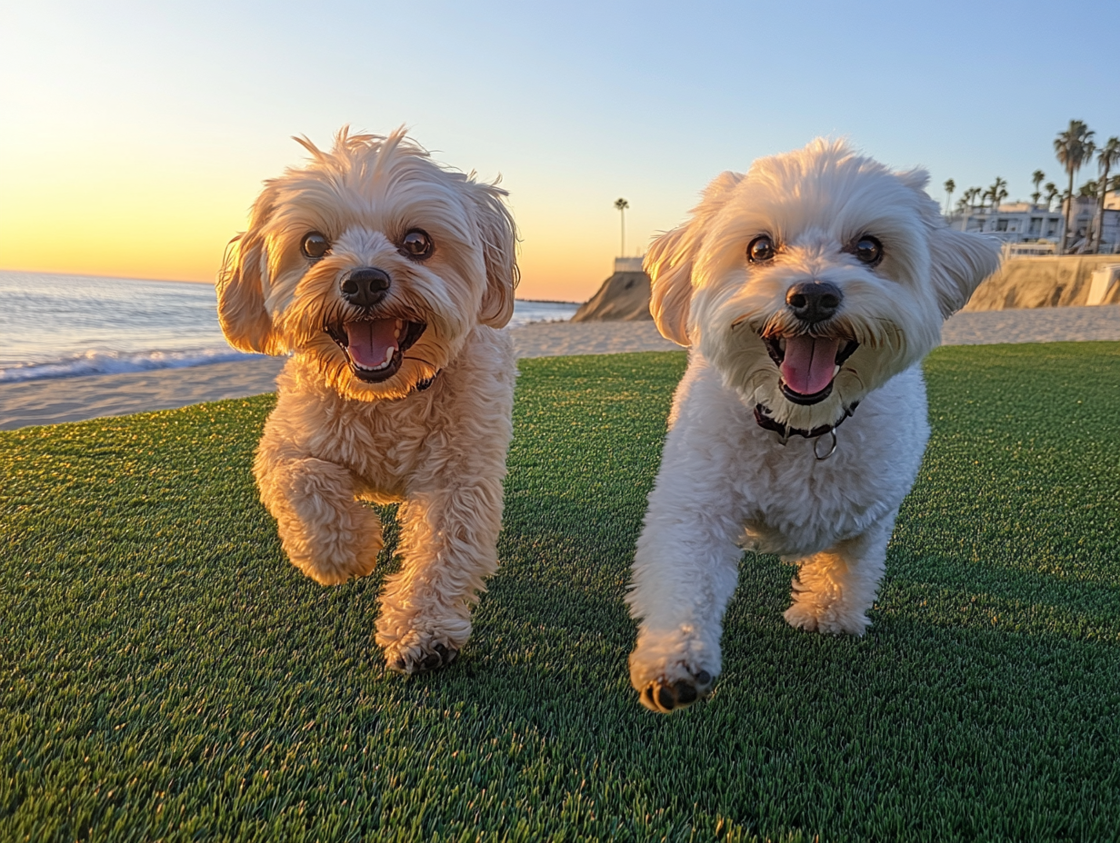 two dogs running on grass