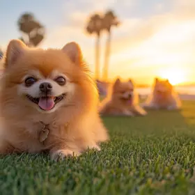 a group of dogs lying on grass
